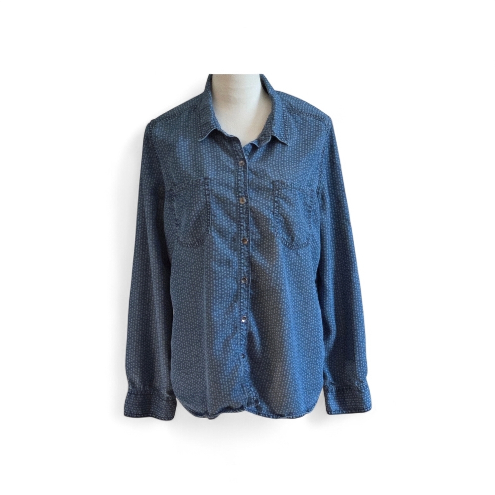 Halogen Spotted Dots Women's XL Chambray Tencel Button Up Shirt Long Sleeves